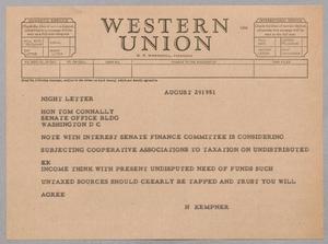 [Telegram from Harris Kempner to Tom Connally, August 29, 1951]