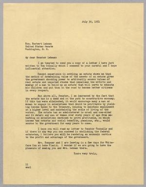 [Letter from Isaac H. Kempner to Herbert Lehman, July 30, 1951]