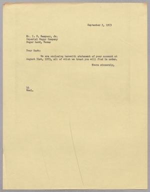 [Letter from A. H. Blackshear, Jr., to Isaac Herbert Kempner Jr., September 2, 1953]