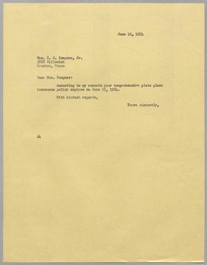 [Letter from A. H. Blackshear to Mary Josephine Carroll, June 16, 1954]