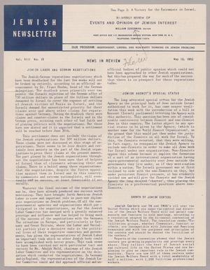 Primary view of object titled 'Jewish Newsletter, Volume 8, Number 19, May 12, 1952'.