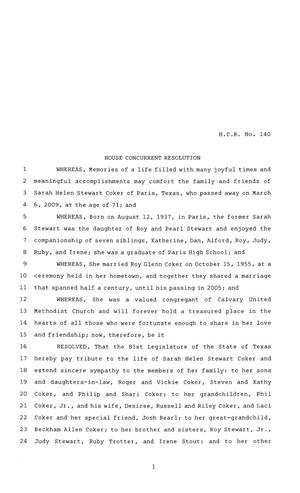 81st Texas Legislature, House Concurrent Resolution, House Bill 140