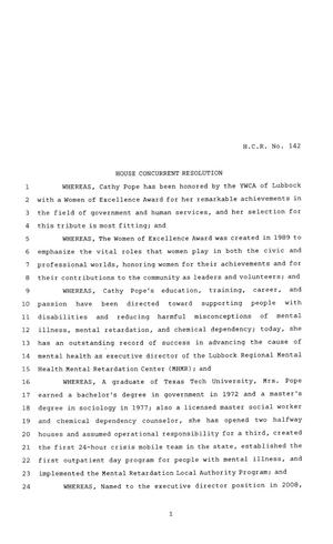 81st Texas Legislature, House Concurrent Resolution, House Bill 142
