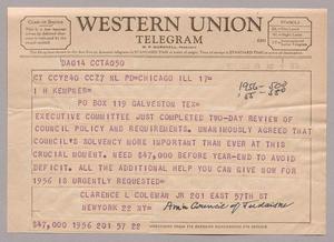 [Telegram from Clarence L. Coleman Jr. to Isaac H. Kempner, December 18, 1956]