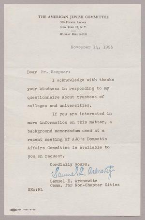 [Letter from Samuel E. Aronowitz to Mr. I. H. Kempner, November 14, 1956]