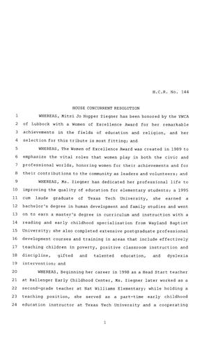 81st Texas Legislature, House Concurrent Resolution, House Bill 144