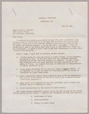 [Letter from Lessing J. Rosenwald to Rabbi Irving F. Reichert, July 27, 1956]