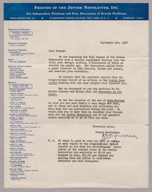 [Letter from Friends of the Jewish Newsletter, Inc., September 3, 1956]