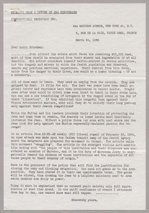 [Letter from Ira Hirschmann to Rabbi Newton J. Friedman, March 21, 1956]