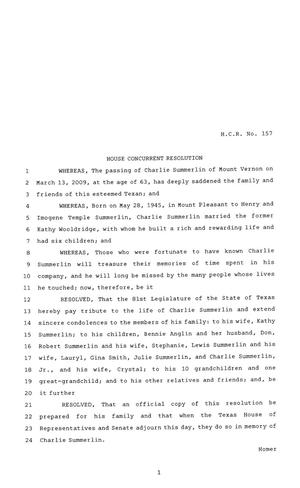 81st Texas Legislature, House Concurrent Resolution, House Bill 157