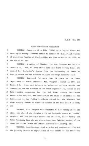 81st Texas Legislature, House Concurrent Resolution, House Bill 158