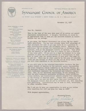 [Letter from Joseph Schlang to Mr. I. H. Kempner, November 12, 1957]