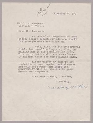 [Letter from Mrs. Harry Wexler to Mr. I. H. Kempner, November 9, 1957]