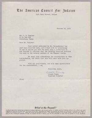 [Letter from Joseph Frank to Mr. I. H. Kempner, October 10, 1957]