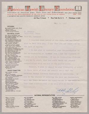 [Letter from Rabbi A. Scheinberg to Mr. I. H. Kempner, May 21, 1957]