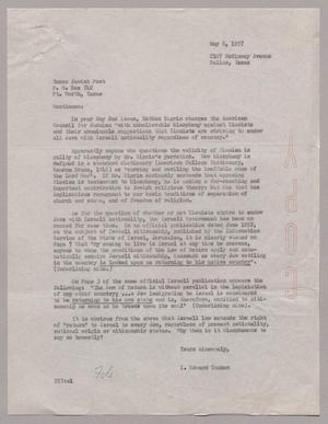 [Letter from I. Edward Tonkon to Texas Jewish Post, May 8, 1957]