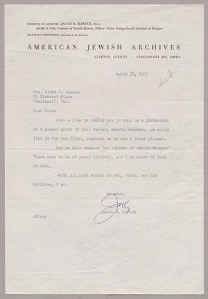 [Letter from Jacob R. Marcus to Mrs. David F. Weston, April 30, 1957]