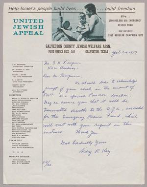 [Letter from Dr. Sidney R. Kay to Mr. I. H. Kempner, April 24, 1957]
