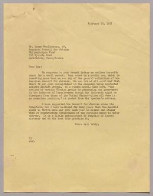 [Letter from Mr. I. H. Kempner to Mr. Harry Snellenburg, Jr., February 28, 1957]