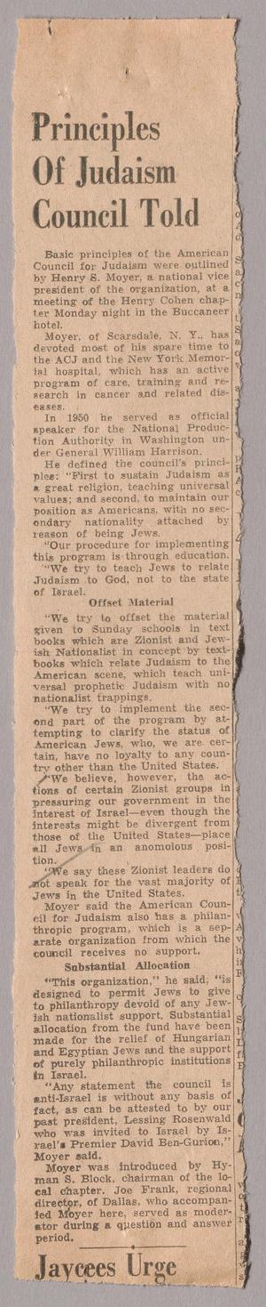 [Clipping: Principles Of Judaism Council Told]