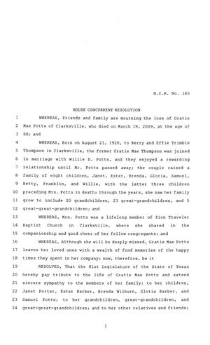 81st Texas Legislature, House Concurrent Resolution, House Bill 165