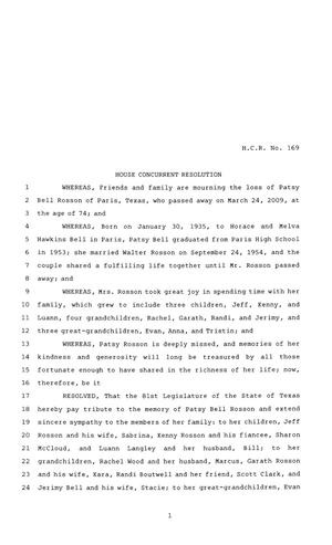 81st Texas Legislature, House Concurrent Resolution, House Bill 169