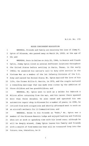 81st Texas Legislature, House Concurrent Resolution, House Bill 170