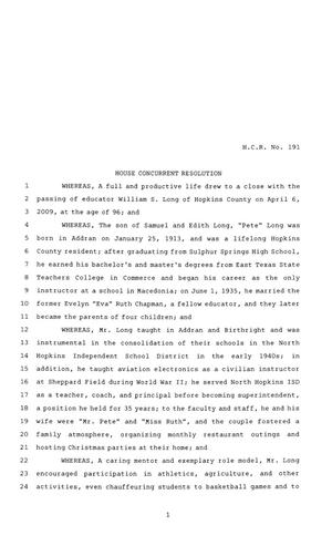 81st Texas Legislature, House Concurrent Resolution, House Bill 191