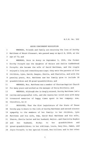81st Texas Legislature, House Concurrent Resolution, House Bill 202