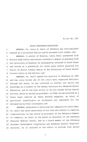 81st Texas Legislature, House Concurrent Resolution, House Bill 205