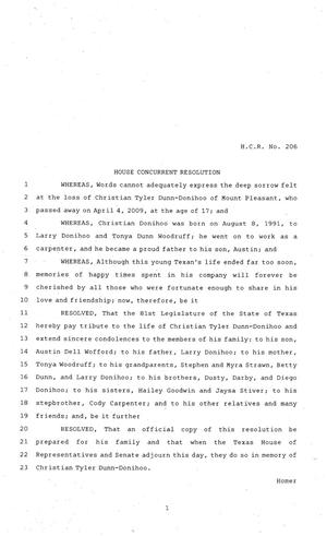 81st Texas Legislature, House Concurrent Resolution, House Bill 206