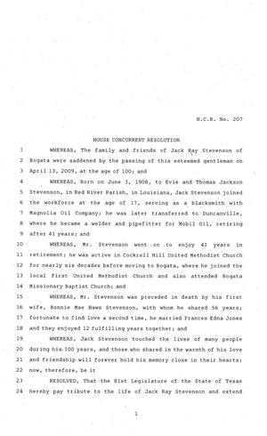 81st Texas Legislature, House Concurrent Resolution, House Bill 207