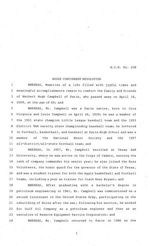 81st Texas Legislature, House Concurrent Resolution, House Bill 208