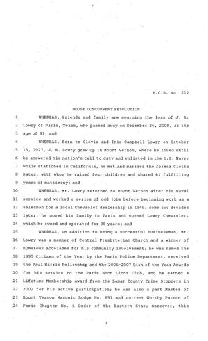 81st Texas Legislature, House Concurrent Resolution, House Bill 212