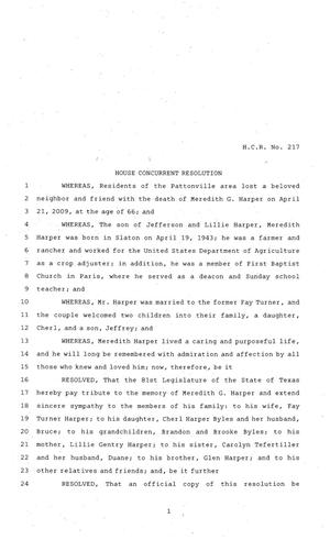 81st Texas Legislature, House Concurrent Resolution, House Bill 217