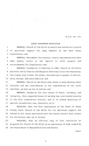 81st Texas Legislature, House Concurrent Resolution, House Bill 221