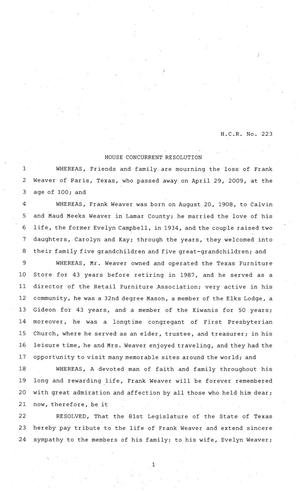 81st Texas Legislature, House Concurrent Resolution, House Bill 223