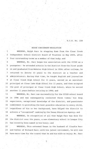 81st Texas Legislature, House Concurrent Resolution, House Bill 228