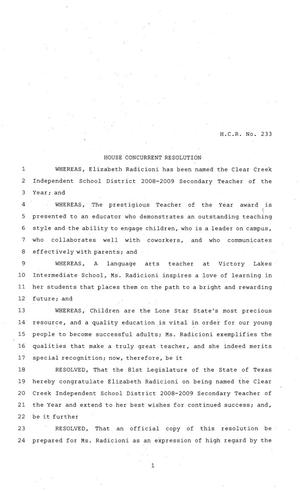 81st Texas Legislature, House Concurrent Resolution, House Bill 233