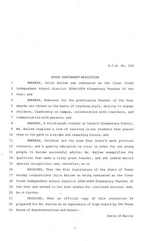 81st Texas Legislature, House Concurrent Resolution, House Bill 234