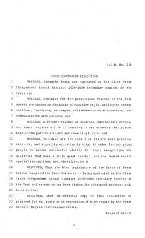 81st Texas Legislature, House Concurrent Resolution, House Bill 236