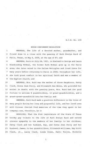 81st Texas Legislature, House Concurrent Resolution, House Bill 239