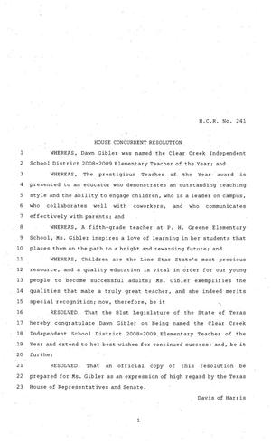 81st Texas Legislature, House Concurrent Resolution, House Bill 241