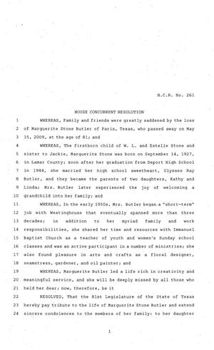 81st Texas Legislature, House Concurrent Resolution, House Bill 261