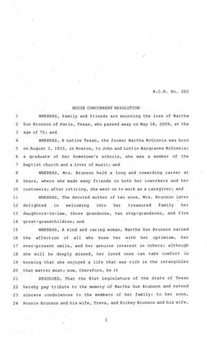 81st Texas Legislature, House Concurrent Resolution, House Bill 262