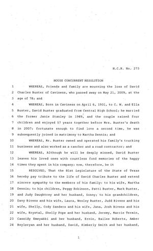 81st Texas Legislature, House Concurrent Resolution, House Bill 273
