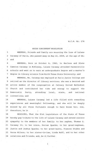 81st Texas Legislature, House Concurrent Resolution, House Bill 276