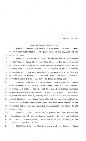81st Texas Legislature, House Concurrent Resolution, House Bill 278