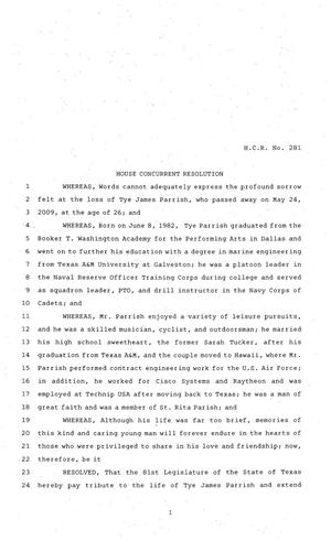 81st Texas Legislature, House Concurrent Resolution, House Bill 281