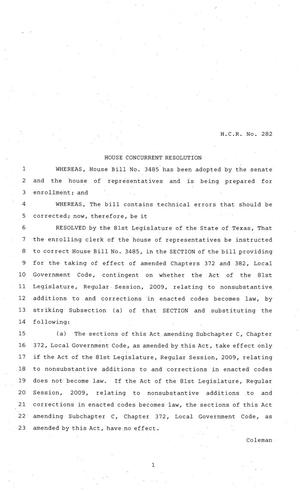 81st Texas Legislature, House Concurrent Resolution, House Bill 282